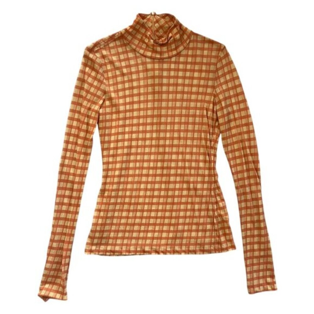 Acne Studios Womens Plaid Mock Neck Long Sleeve Mesh Top Orange‎ Small Rave